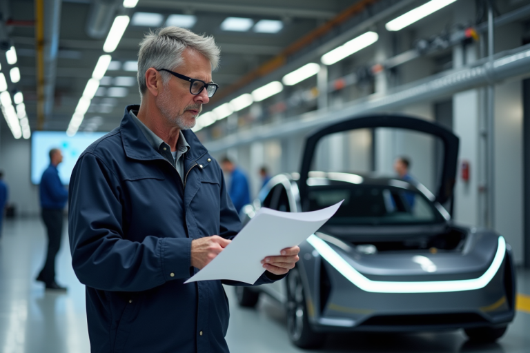 Ingénieur automobile examine un prototype de voiture électrique