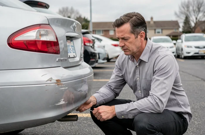 Homme inspectant attentivement l'état d'une voiture d'occasion dans un parking de concessionnaire
