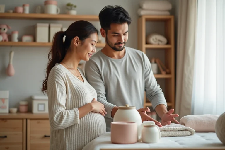 Jeune couple examine des produits pour bébé dans une nurserie chaleureuse