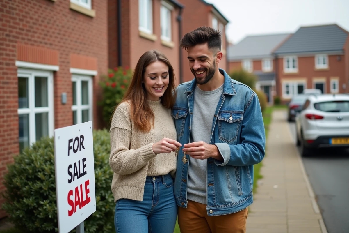 Jeune couple souriant devant une maison à vendre