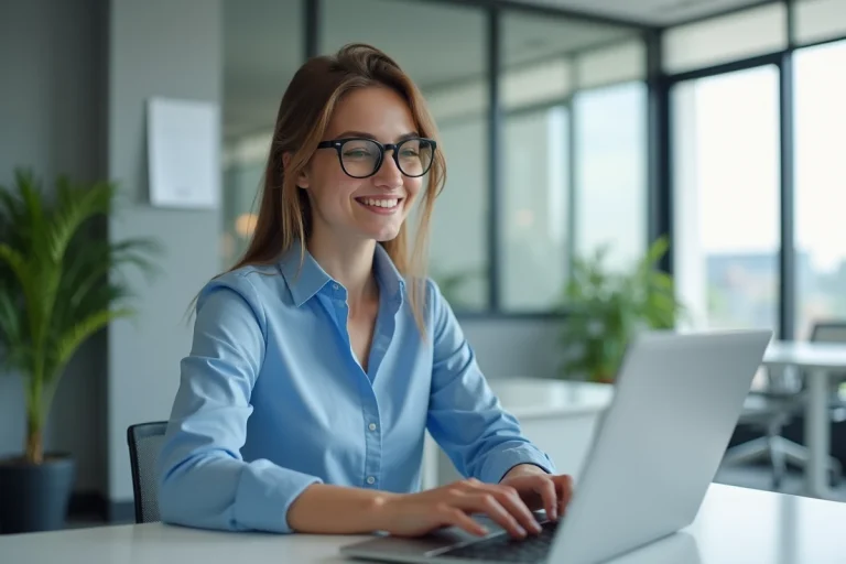 Jeune femme en blouse bleue au bureau avec ordinateur