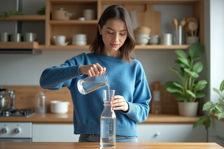 Jeune femme verse de l'eau dans une bouteille en cuisine