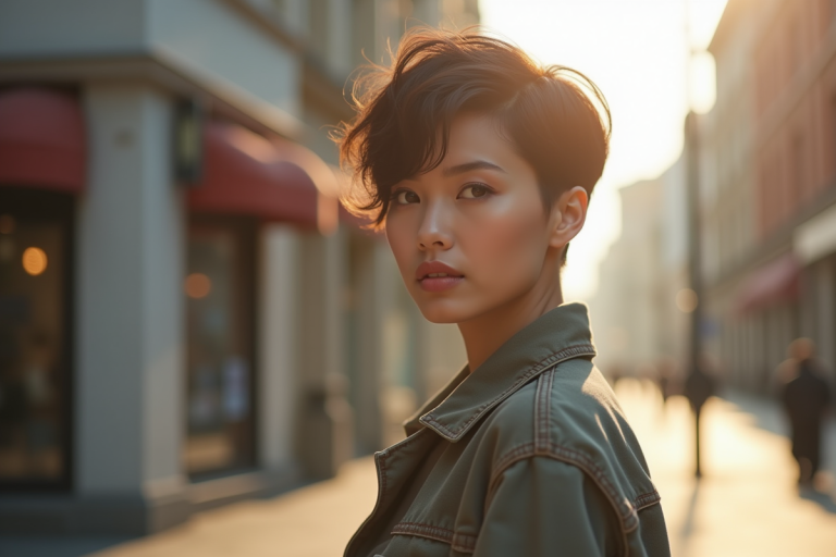 Jeune femme confiante avec coupe courte moderne en extérieur