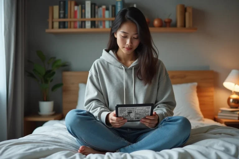Jeune femme lisant manga sur tablette dans sa chambre
