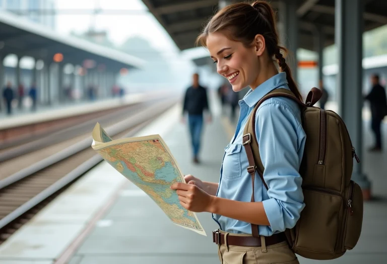 Jeune femme souriante avec carte à la gare de train