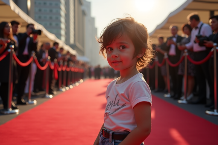 Jeune adolescent au look mode devant un tapis rouge