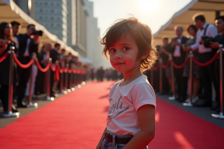 Jeune adolescent au look mode devant un tapis rouge
