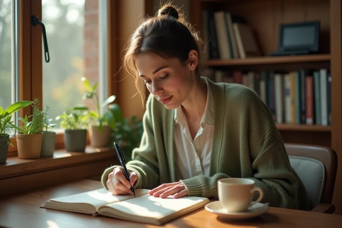 Femme écrivant dans un journal de gratitude à un bureau en bois près d'une fenêtre avec une tasse de thé