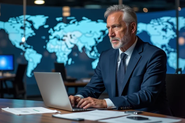 Journaliste homme en costume dans une salle de presse moderne