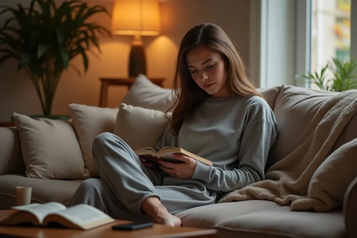 Femme posant son téléphone sur une table basse et reprenant un livre dans un salon cosy pour limiter les écrans avant de dormir