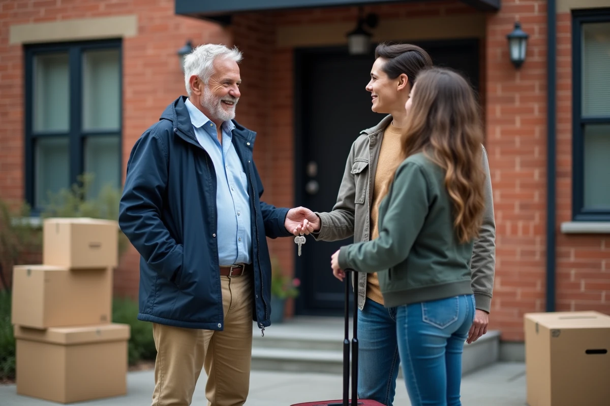 Homme remettant des clés à un couple devant un immeuble