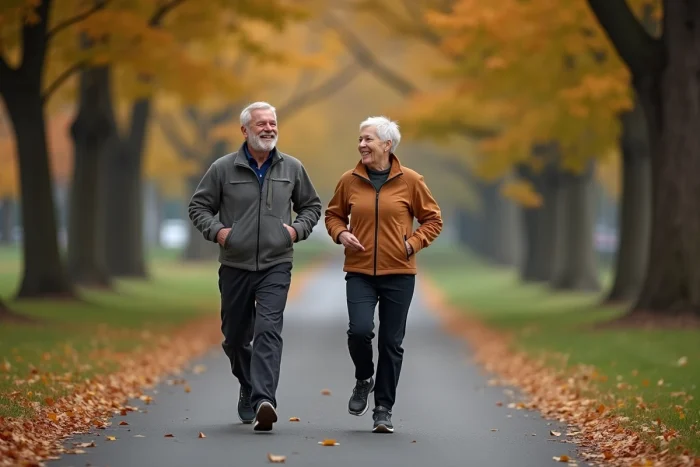 Couple de seniors marchant rapidement dans un parc en automne pour favoriser la circulation sanguine et la santé cérébrale