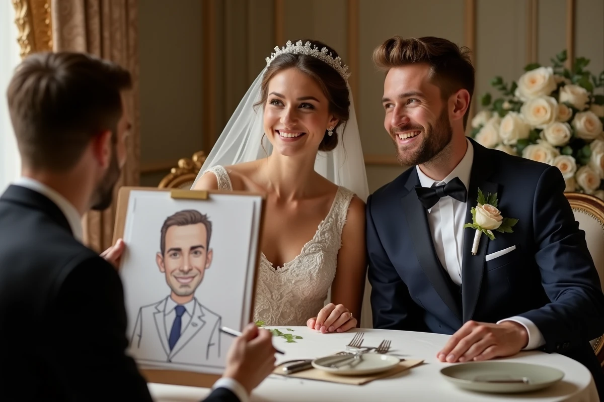 Jeune couple regardant un caricaturiste lors de la reception