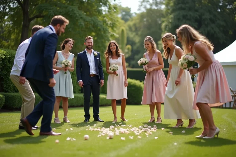Invités de mariage jouant à un jeu en plein air dans un jardin