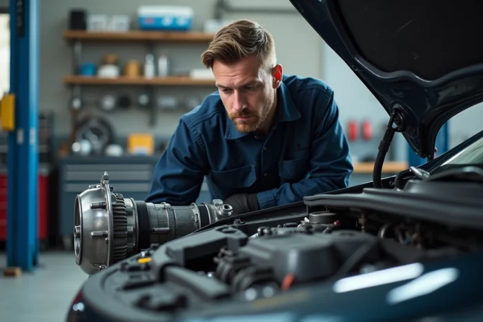 Mécanicien automobile examinant une boîte semi-automatique dans un atelier de réparation