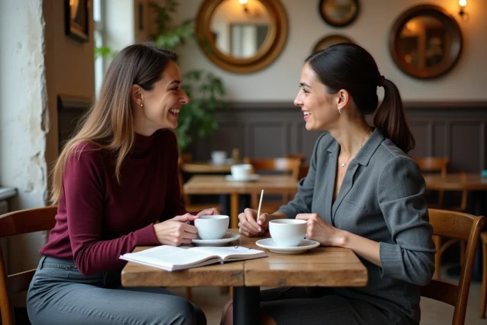 Deux femmes entrepreneures françaises en session de mentorat dans un bistrot parisien