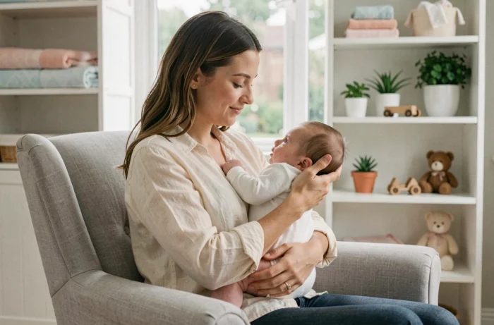 Jeune mère tenant son bébé dans les bras dans une chambre de bébé douce et minimaliste, ambiance apaisante et naturelle