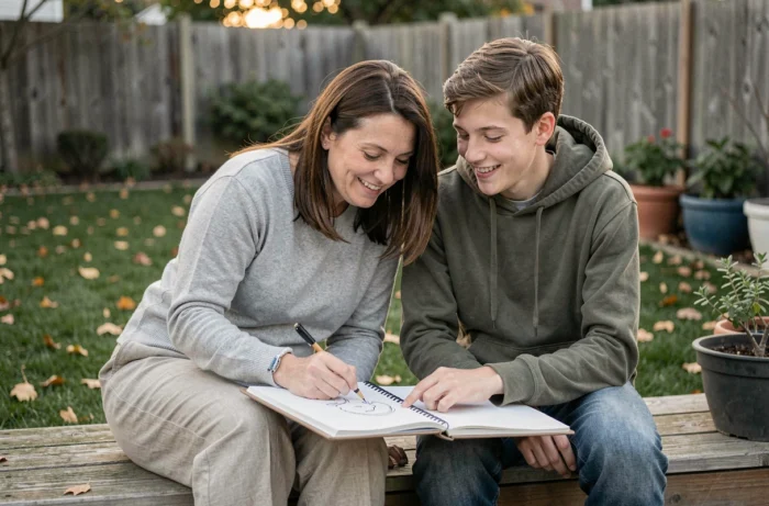 Mère et fils adolescent partageant un moment créatif sur la terrasse du jardin