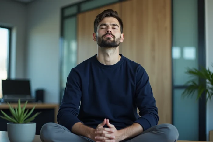 Homme en tenue professionnelle les yeux fermés pratiquant une micro-méditation assis à son bureau en open-space