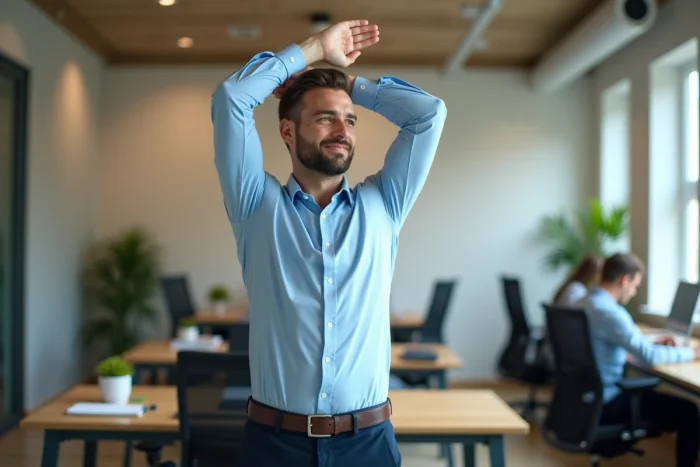 Homme en tenue de bureau se levant pour une pause active et s'étirant les bras au-dessus de la tête dans un open-space