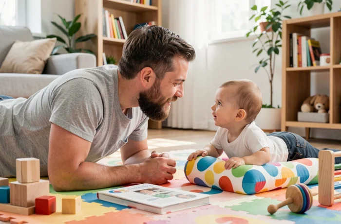 Père jouant avec son bébé sur un tapis d'éveil coloré entouré de jouets en bois dans un salon lumineux
