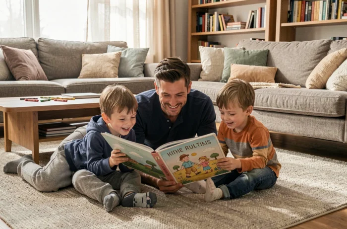 Père lisant un livre illustré avec ses deux enfants sur le tapis du salon