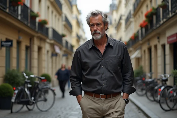 Portrait candid d'un homme distingué aux cheveux poivre et sel se promenant dans les rues de Paris, évoquant la discrétion de Patrick Bruel
