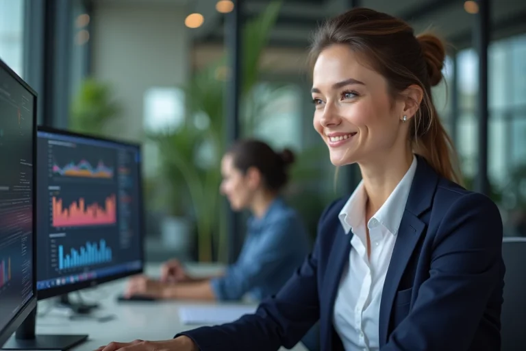 Professionnelle analysant des tableaux de bord de visibilité web dans un bureau moderne pour booster la présence en ligne de son entreprise