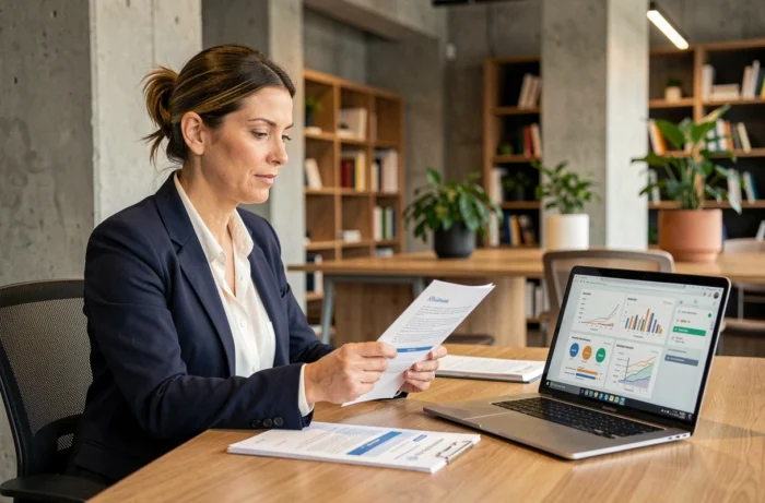 Professionnelle en blazer marine comparant des offres de mutuelle santé sur ordinateur portable dans un bureau moderne