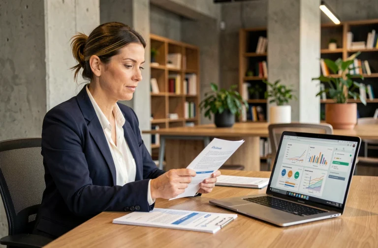 Professionnelle en blazer marine comparant des offres de mutuelle santé sur ordinateur portable dans un bureau moderne