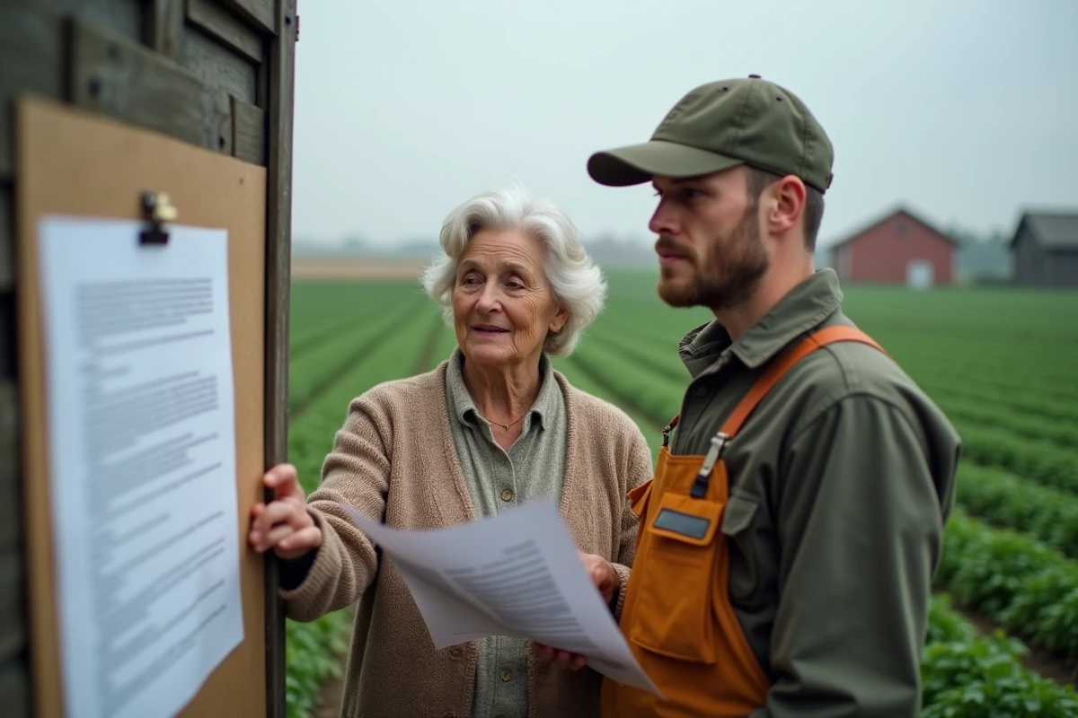 Proprietaire et jeune homme examinent un document dans un champ