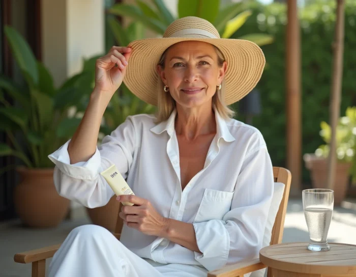 Femme se protégeant du soleil avec chapeau et crème solaire après un traitement au laser vasculaire en extérieur