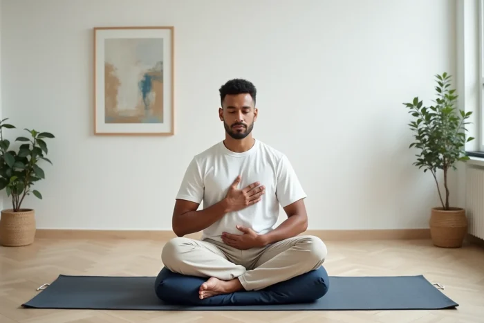 Homme pratiquant la respiration diaphragmatique assis en tailleur pour stimuler l'oxygénation cérébrale à domicile