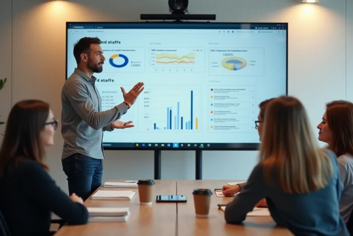 Responsable digital présentant une stratégie de services web innovants devant un écran interactif pour améliorer la visibilité d'une entreprise