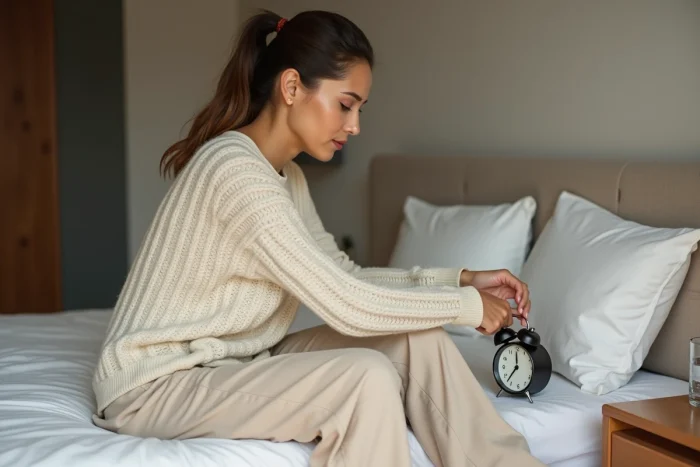 Femme en pyjama réglant un réveil analogique sur sa table de nuit dans une chambre minimaliste pour établir une routine de sommeil