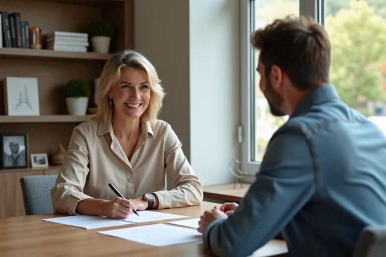 Femme signant un contrat immobilier dans un salon moderne