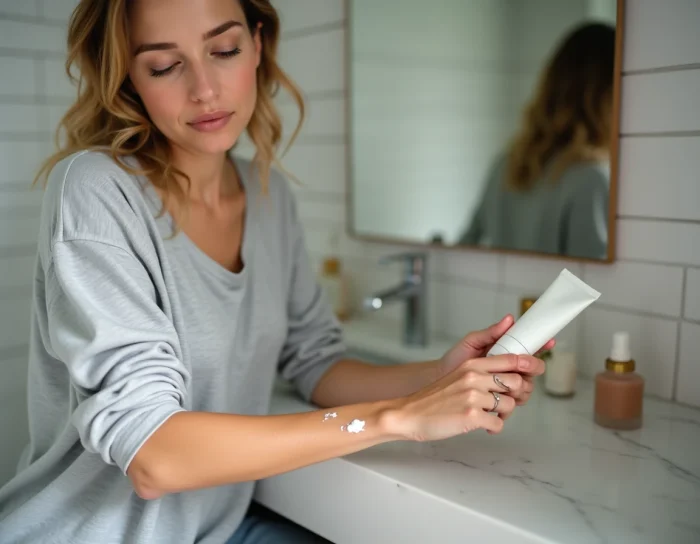 Femme appliquant une crème apaisante sur une zone rougie après une séance de laser vasculaire à domicile