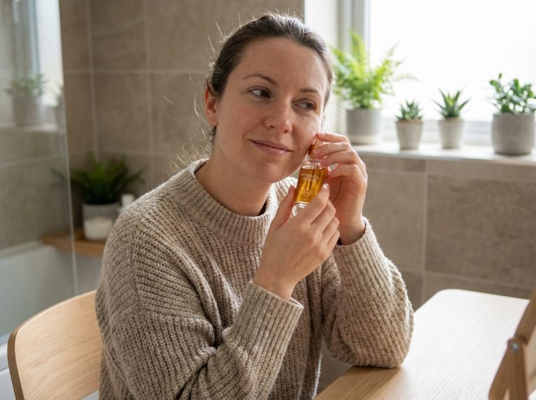 Femme appliquant un serum botanique visage