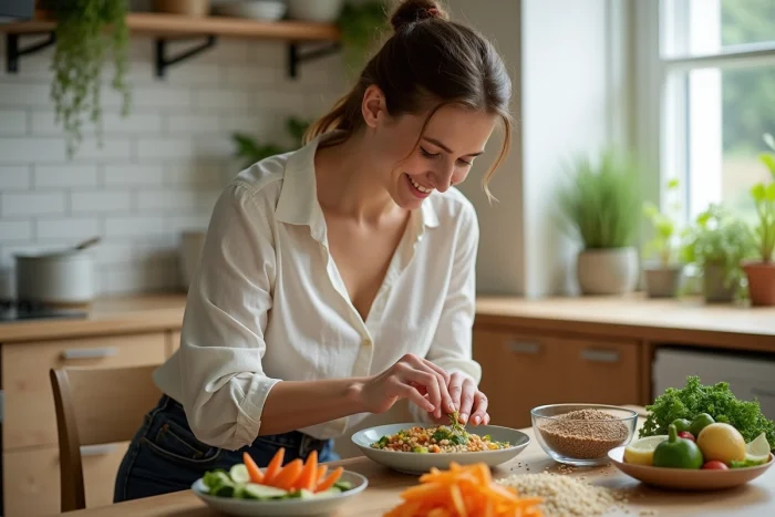Femme préparant un repas équilibré avec légumes colorés, céréales et légumineuses dans une cuisine moderne lumineuse