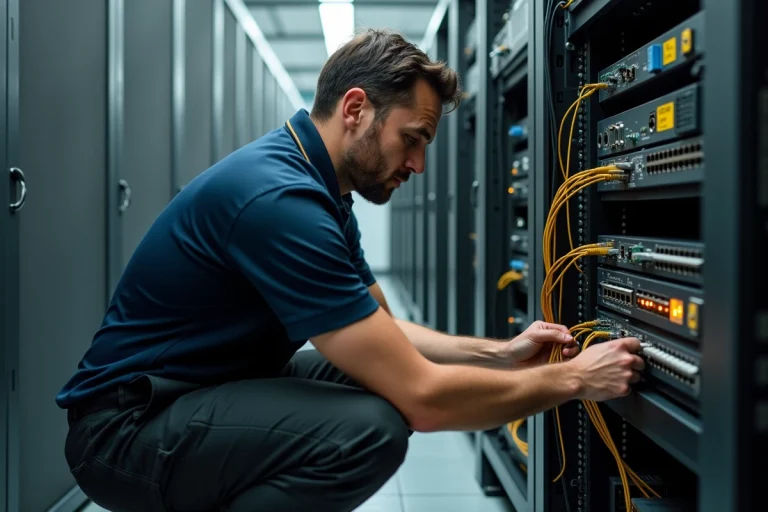 Technicien IT inspectant des routeurs Wi-Fi legacy dans une salle serveur avec matériel réseau ancien