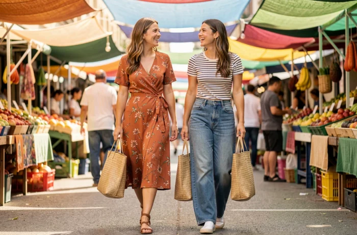 Deux amies souriantes en tenues tendance estivale se promenant dans un marché animé, looks mode décontractés et colorés