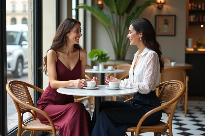 Deux femmes stylées aux tendances mode contrastées discutant autour d'un café dans une brasserie parisienne