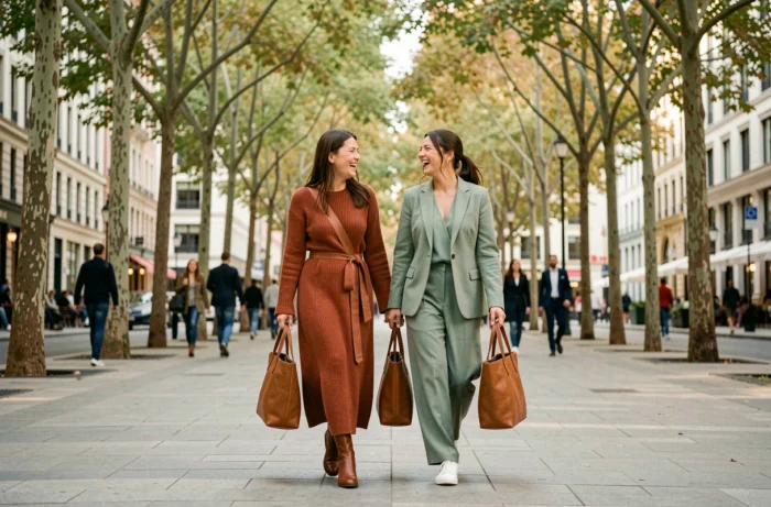 Deux femmes élégantes se promenant en ville portant les dernières tendances mode automne-hiver, look co-ord et robe maxi tricot