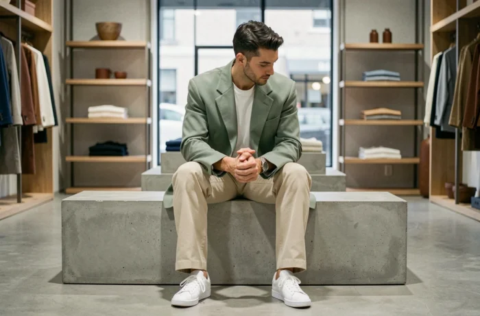 Homme stylé en blazer vert sauge et pantalon large ecru assis dans un concept store moderne, style masculin tendance