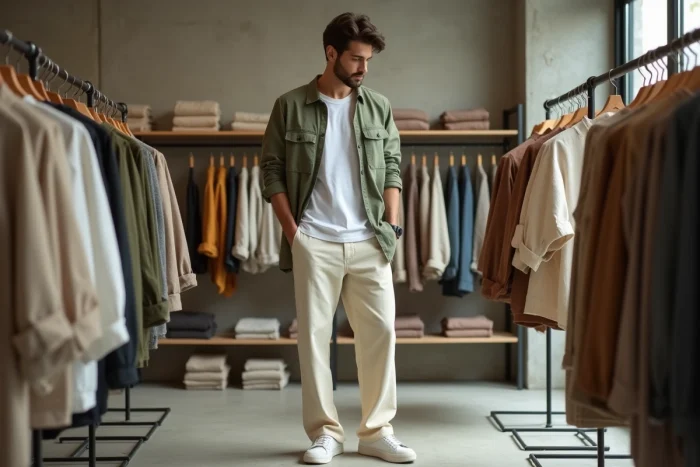 Homme en tenue tendance décontractée dans un concept store minimaliste avec des vêtements en tons neutres