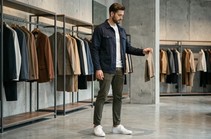Homme stylé en veste utility marine explorant une boutique de mode contemporaine, tendances mode masculine urban chic