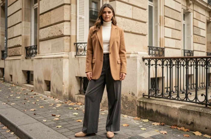 Jeune femme élégante portant un blazer camel oversize et un pantalon large sur un trottoir parisien en automne, tendances mode intemporelles