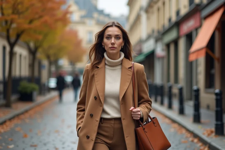 Femme élégante en manteau camel tendance automne-hiver marchant dans une rue parisienne pavée