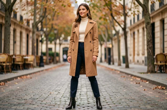 Femme élégante en manteau camel et bottines en cuir dans une rue pavée parisienne en automne, tendances mode de saison