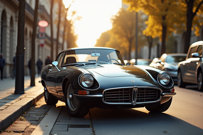 Voiture classique française stationnée sur une rue parisienne ensoleillée